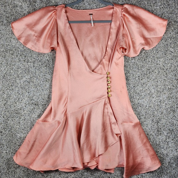 Free People Dresses & Skirts - Free People Mini Dress Womens XS Pink Satin Flutter Sleeve Gold Button Excellent